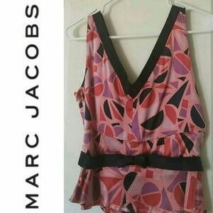Y2K NWOT Marc Jacobs Silk Top PEPLUM BLOUSE Sleeveless V Neck Pink Black Women 8